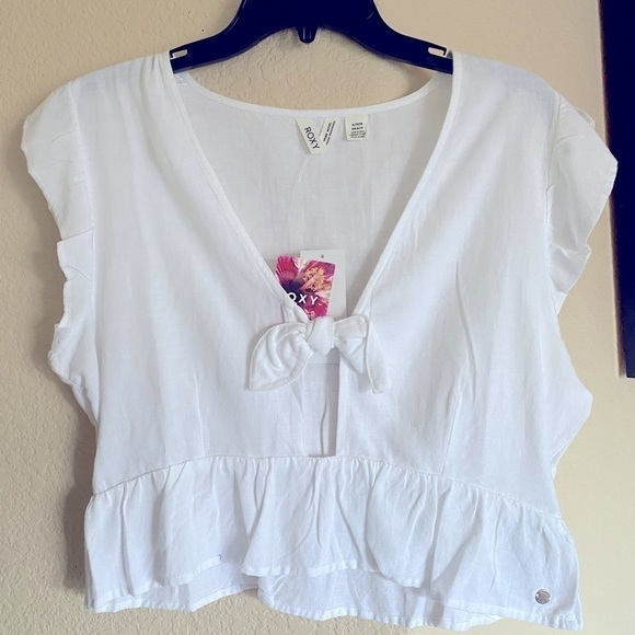 ROXY Linen Short Sleeve Crop Top Linen Blend XL/TG/EG Snow White NWT - Picture 3 of 9